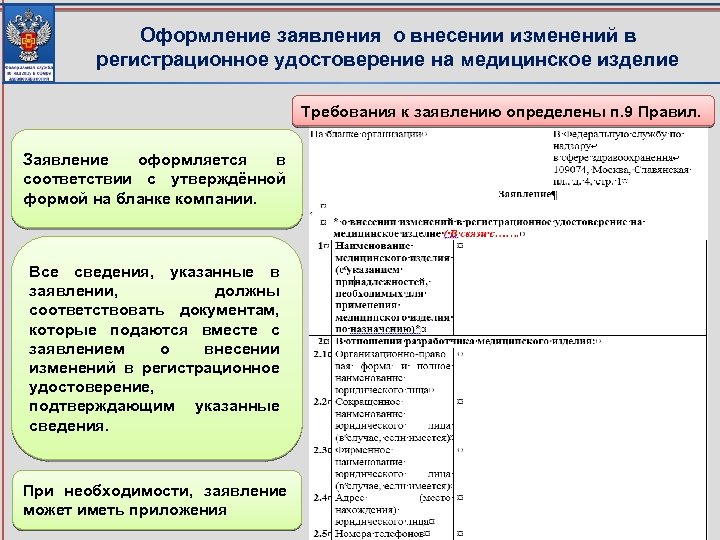 Оформление заявления о внесении изменений в регистрационное удостоверение на медицинское изделие Требования к заявлению