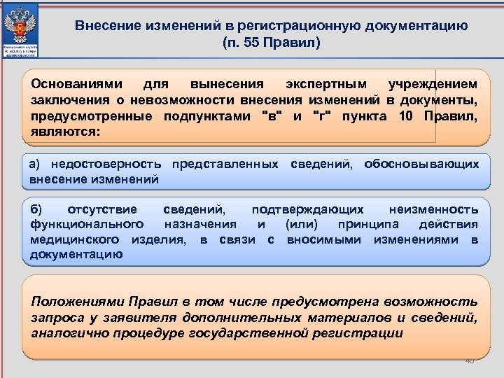 Внесение изменений в регистрационную документацию (п. 55 Правил) Основаниями для вынесения экспертным учреждением заключения