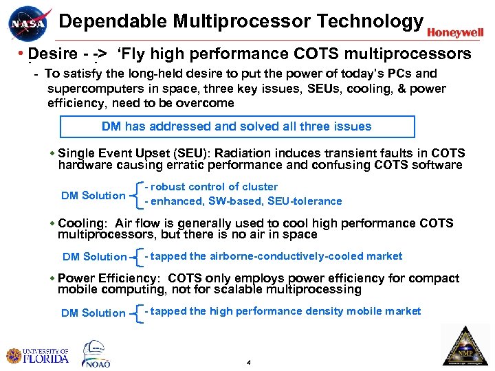 Dependable Multiprocessor Technology • Desire - -> ‘Fly high performance COTS multiprocessors in To