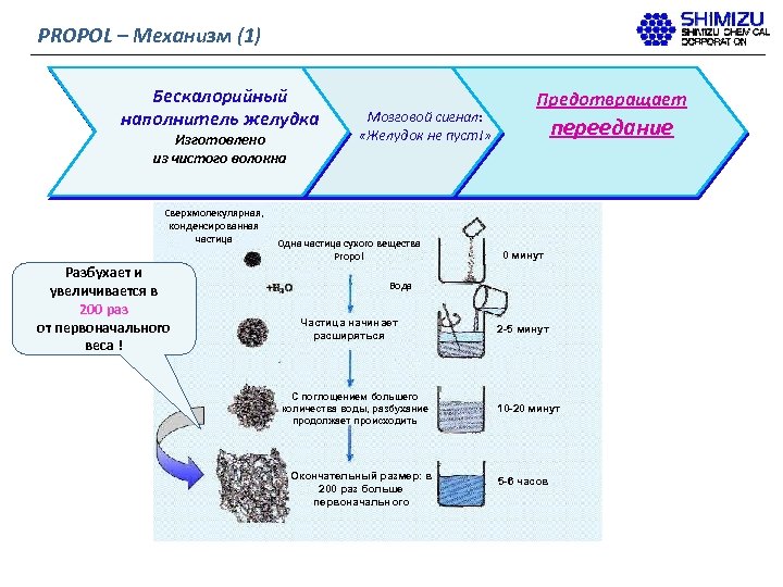 PROPOL – Механизм (1) Беcкалорийный наполнитель желудка Изготовлено из чистого волокна Сверхмолекулярная, конденсированная частица