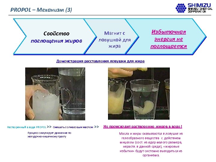 PROPOL – Механизм (3) Свойство поглощения жиров Магнит с ловушкой для жира Избыточная энергия