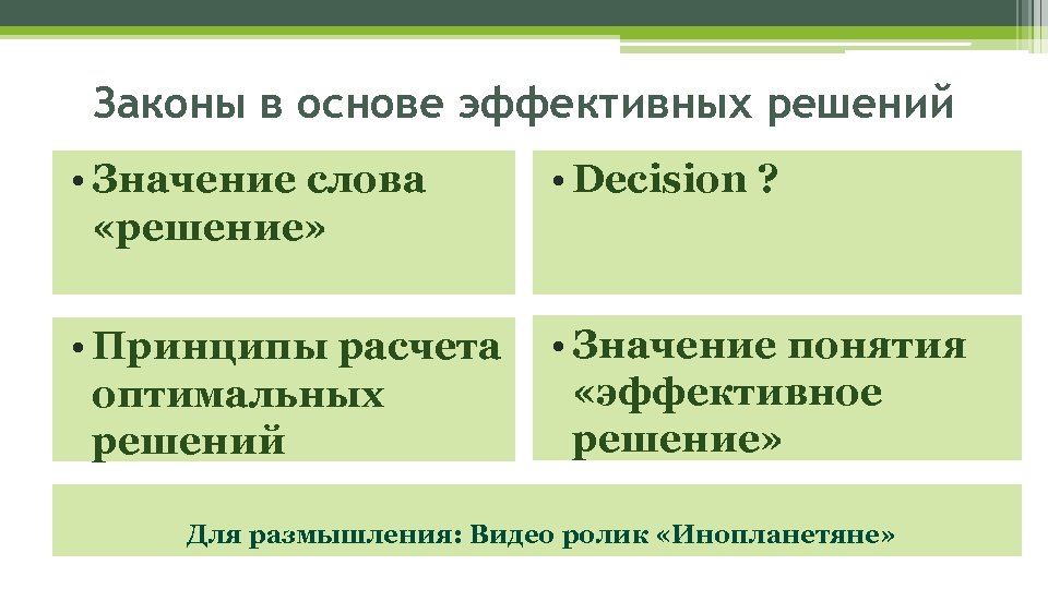 Законы в основе эффективных решений • Значение слова «решение» • Decision ? • Принципы