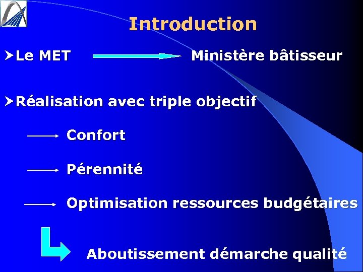 Introduction Le MET Ministère bâtisseur Réalisation avec triple objectif Confort Pérennité Optimisation ressources budgétaires