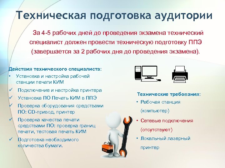 Техническая подготовка аудитории За 4 -5 рабочих дней до проведения экзамена технический специалист должен