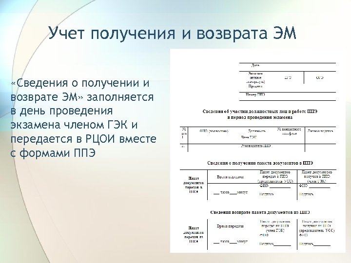 Учет получения и возврата ЭМ «Сведения о получении и возврате ЭМ» заполняется в день