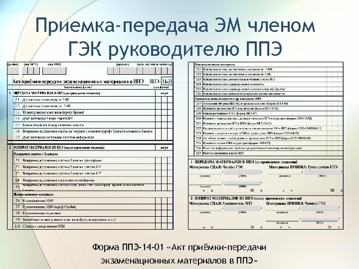 Приемка-передача ЭМ членом ГЭК руководителю ППЭ Форма ППЭ-14 -01 «Акт приёмки-передачи экзаменационных материалов в