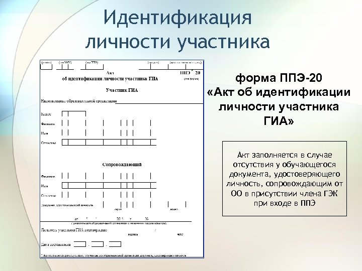 Идентификация личности участника форма ППЭ-20 «Акт об идентификации личности участника ГИА» Акт заполняется в