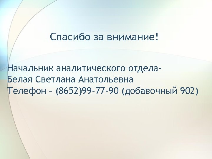 Спасибо за внимание! Начальник аналитического отдела– Белая Светлана Анатольевна Телефон – (8652)99 -77 -90