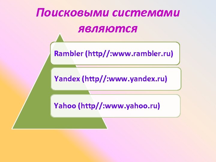 Поисковыми системами являются Rambler (http//: www. rambler. ru) Yandex (http//: www. yandex. ru) Yahoo