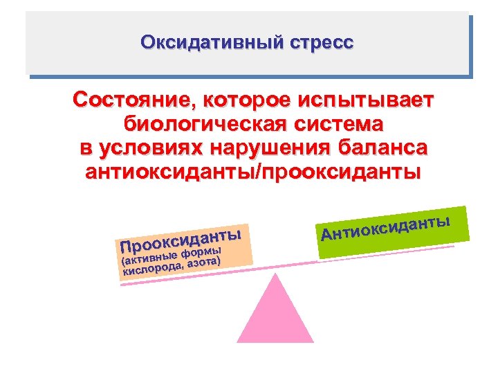 Оксидативный стресс Состояние, которое испытывает биологическая система в условиях нарушения баланса антиоксиданты/прооксиданты а ксидрмнты