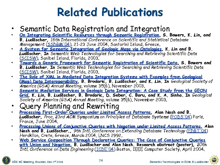 Related Publications • Semantic Data Registration and Integration • • • On Integrating Scientific