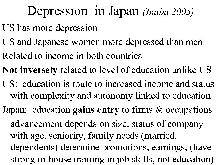 Depression in Japan (Inaba 2005) US has more depression US and Japanese women more