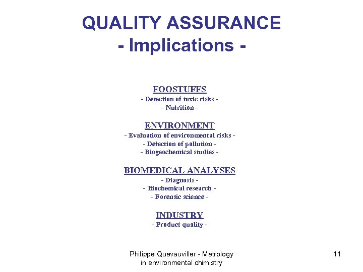 QUALITY ASSURANCE - Implications FOOSTUFFS - Detection of toxic risks - Nutrition - ENVIRONMENT