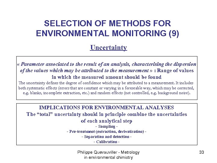 SELECTION OF METHODS FOR ENVIRONMENTAL MONITORING (9) Uncertainty « Parameter associated to the result