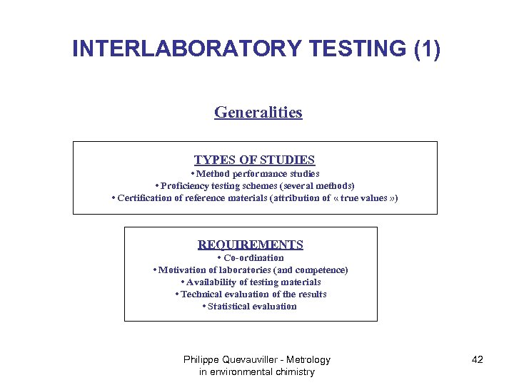 INTERLABORATORY TESTING (1) Generalities TYPES OF STUDIES • Method performance studies • Proficiency testing