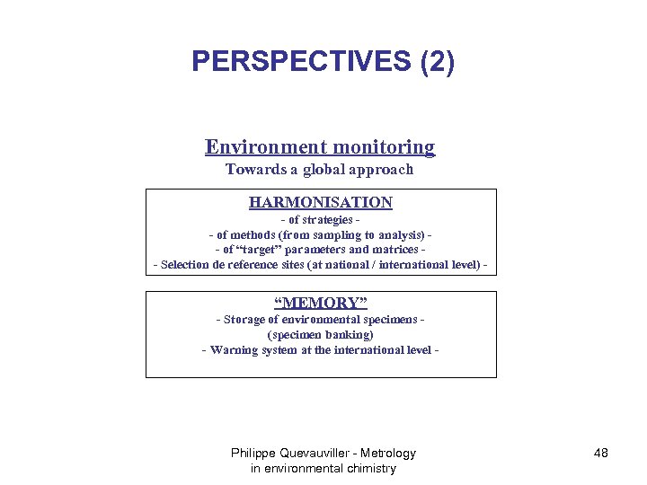 PERSPECTIVES (2) Environment monitoring Towards a global approach HARMONISATION - of strategies - of