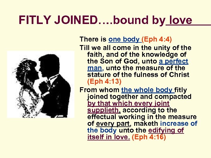 FITLY JOINED…. bound by love There is one body (Eph 4: 4) Till we