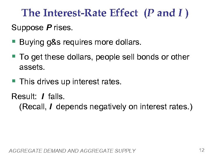 The Interest-Rate Effect (P and I ) Suppose P rises. § Buying g&s requires