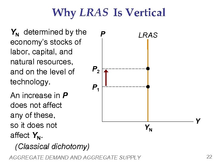 Why LRAS Is Vertical YN determined by the P economy’s stocks of labor, capital,