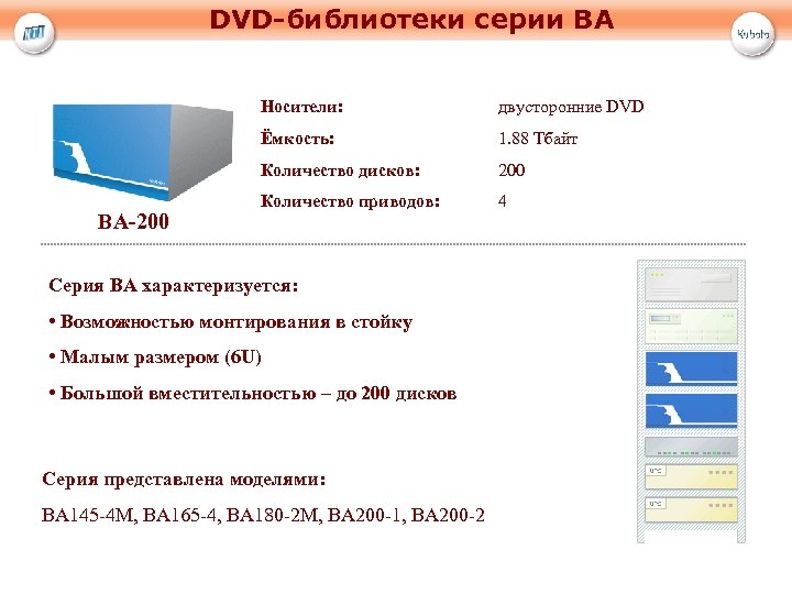DVD-библиотеки серии BA Носители: Ёмкость: 1. 88 Тбайт Количество дисков: BA-200 двусторонние DVD 200