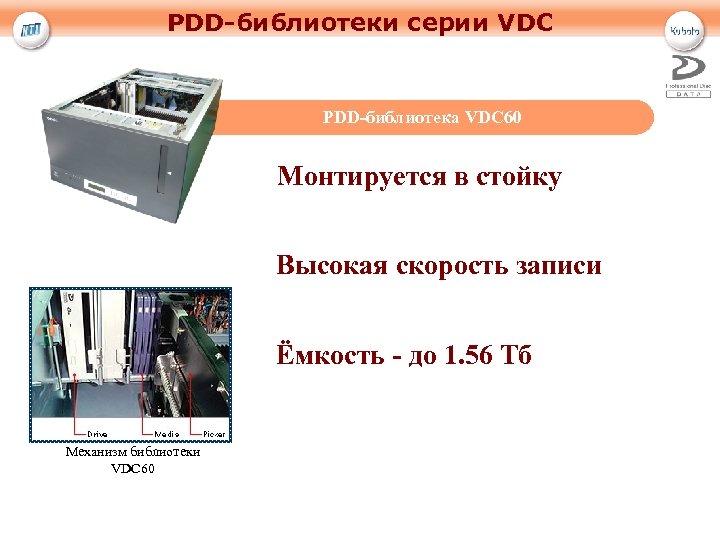 PDD-библиотеки серии VDC PDD-библиотека VDC 60 Монтируется в стойку Высокая скорость записи Ёмкость -