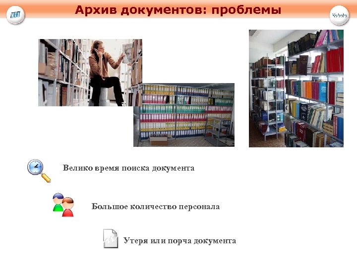 Архив документов: проблемы Велико время поиска документа Большое количество персонала Утеря или порча документа