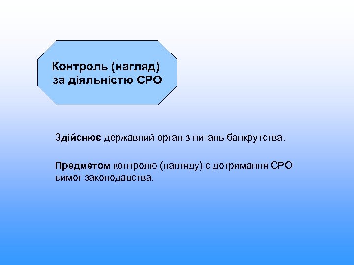 Контроль (нагляд) за діяльністю СРО Здійснює державний орган з питань банкрутства. Предметом контролю (нагляду)