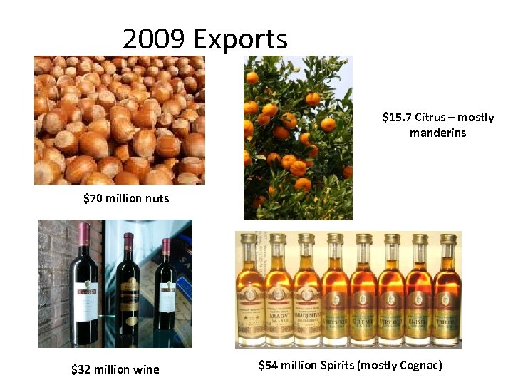 2009 Exports $15. 7 Citrus – mostly manderins $70 million nuts $32 million wine