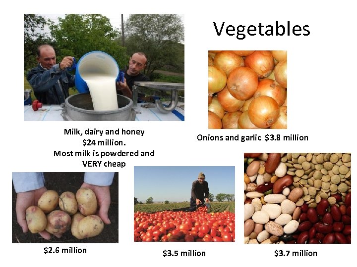Vegetables Milk, dairy and honey $24 million. Most milk is powdered and VERY cheap