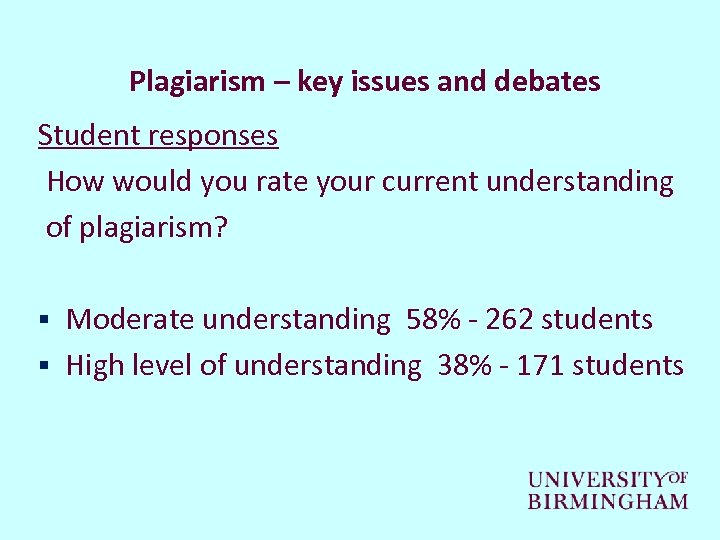 Plagiarism – key issues and debates Student responses How would you rate your current