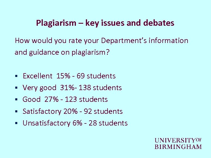 Plagiarism – key issues and debates How would you rate your Department’s information and