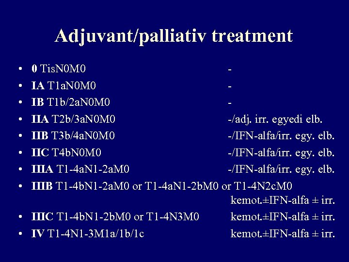 Adjuvant/palliativ treatment • • 0 Tis. N 0 M 0 IA T 1 a.