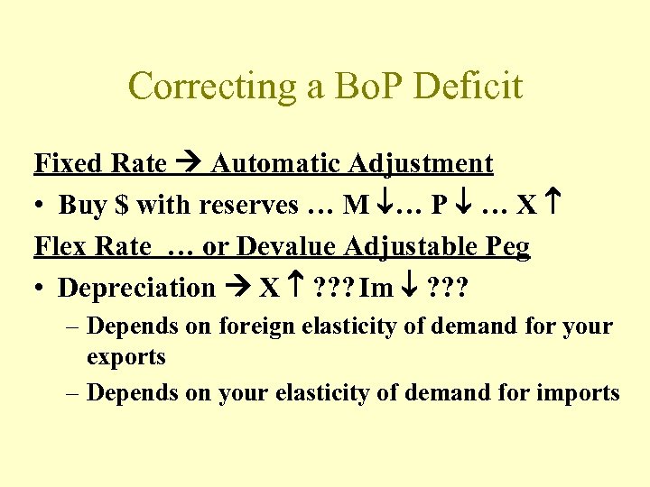 Correcting a Bo. P Deficit Fixed Rate Automatic Adjustment • Buy $ with reserves