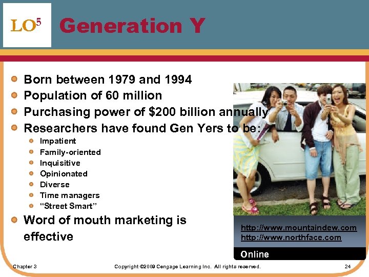 LO 5 Generation Y Born between 1979 and 1994 Population of 60 million Purchasing