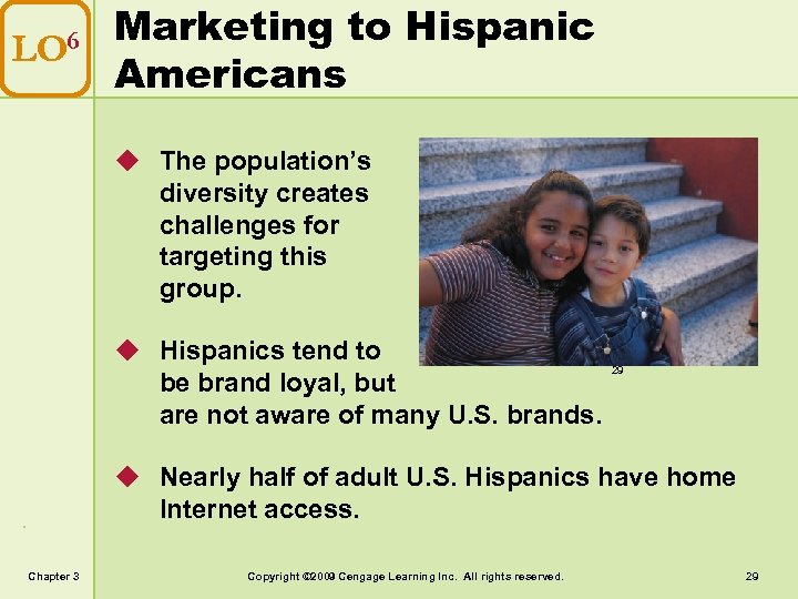 LO 6 Marketing to Hispanic Americans u The population’s diversity creates challenges for targeting