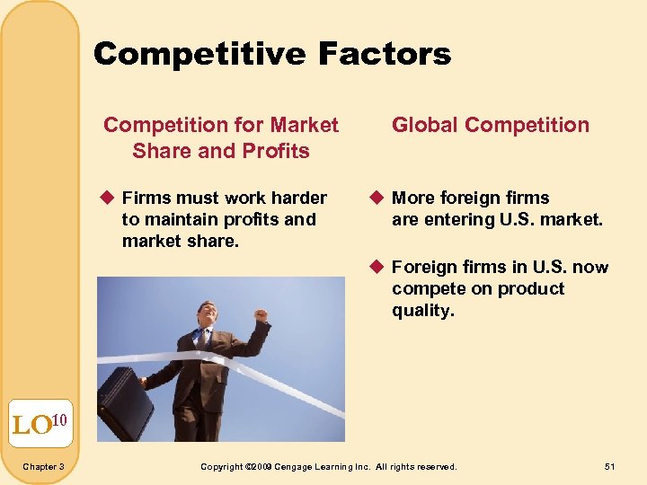 Competitive Factors Competition for Market Share and Profits u Firms must work harder to