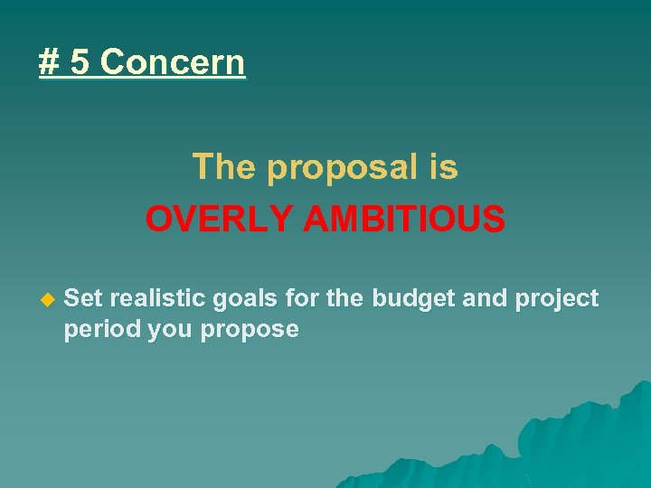 # 5 Concern The proposal is OVERLY AMBITIOUS Set realistic goals for the budget