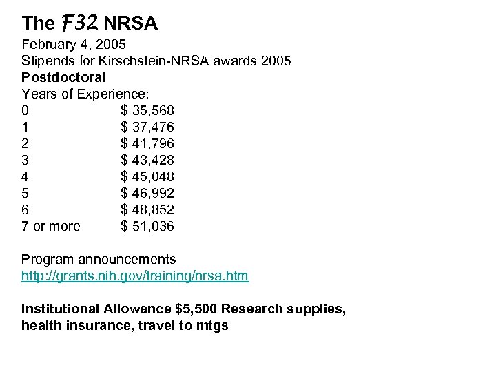 The F 32 NRSA February 4, 2005 Stipends for Kirschstein-NRSA awards 2005 Postdoctoral Years