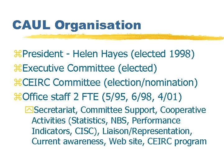 CAUL Organisation z. President - Helen Hayes (elected 1998) z. Executive Committee (elected) z.