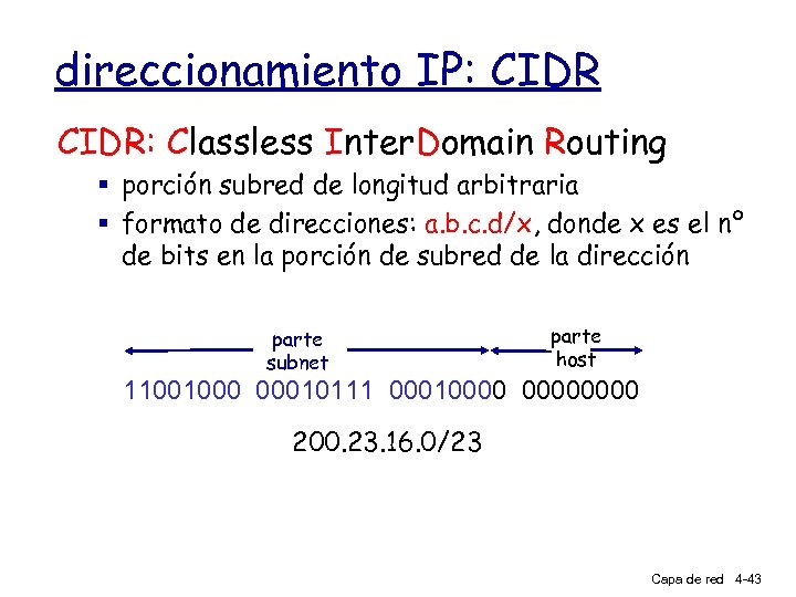 direccionamiento IP: CIDR: Classless Inter. Domain Routing § porción subred de longitud arbitraria §