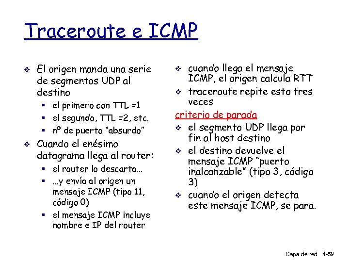 Traceroute e ICMP v El origen manda una serie de segmentos UDP al destino