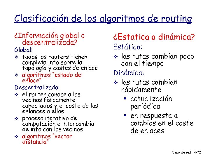 Clasificación de los algoritmos de routing ¿Información global o descentralizada? Global: v todos los
