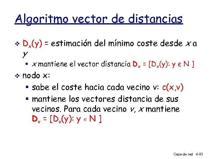 Algoritmo vector de distancias v Dx(y) = estimación del mínimo coste desde x a