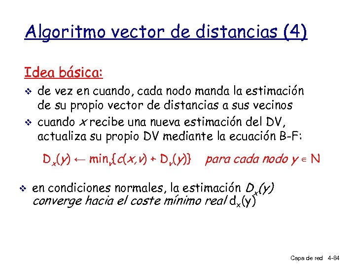 Algoritmo vector de distancias (4) Idea básica: v v de vez en cuando, cada
