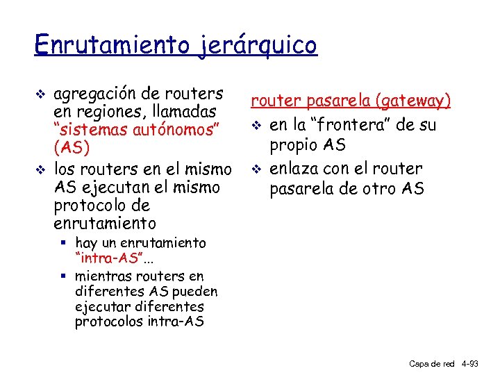 Enrutamiento jerárquico v v agregación de routers en regiones, llamadas “sistemas autónomos” (AS) los