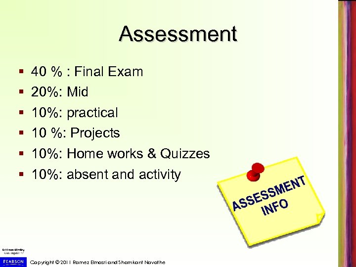 Assessment § § § 40 % : Final Exam 20%: Mid 10%: practical 10