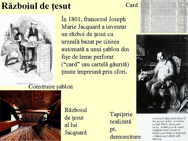 Războiul de ţesut Card În 1801, francezul Joseph Marie Jacquard a inventat un război
