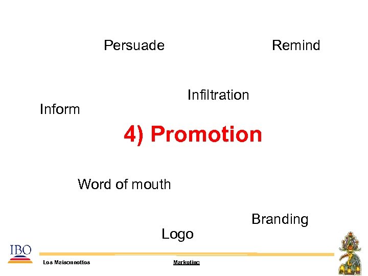 Persuade Remind Infiltration Inform 4) Promotion Word of mouth Logo Les Maisonnettes Marketing Branding