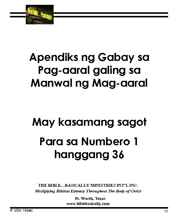Pantas-Aral Gabay sa Pag-aaral Numero Apendiks ng Gabay sa Pag-aaral galing sa Manwal ng