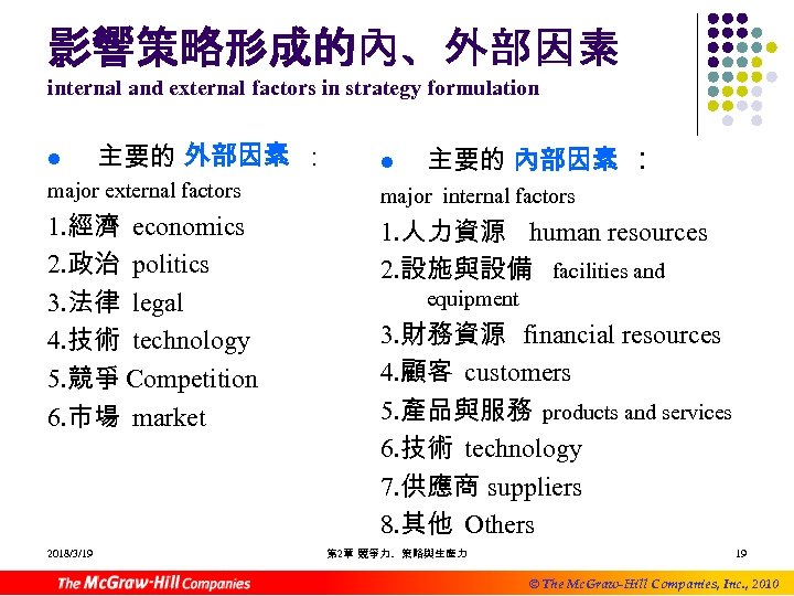 影響策略形成的內、外部因素 internal and external factors in strategy formulation l 主要的 外部因素 ： l 主要的